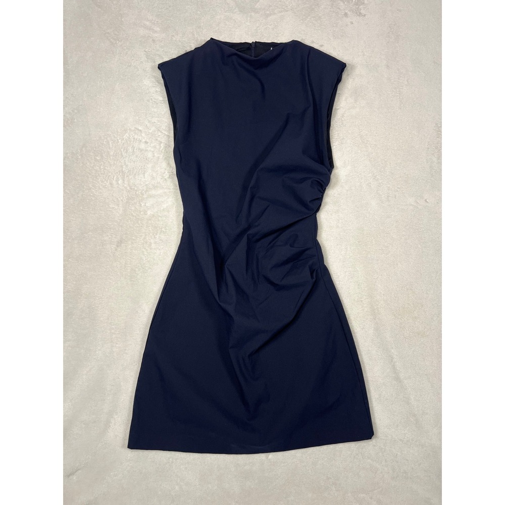Zara Mini Dress XS Navy Blue Ruched High Neck Sleeveless Shoulder Pads Cocktail
